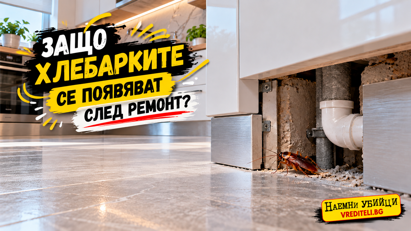 Обновена кухня с отворена зона около тръби и следи за проверка за хлебарки
