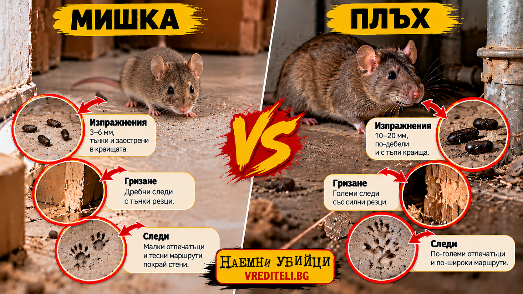 Сравнение на следи от мишка и плъх върху чиста повърхност