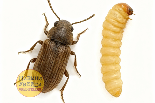 Обикновен дървояд (Anobium punctatum) имаго (възрастен бръмбар) и ларва
