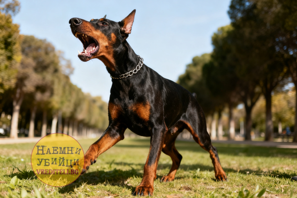 Агрессивная домашняя собака породы доберман (Canis lupus familiaris)