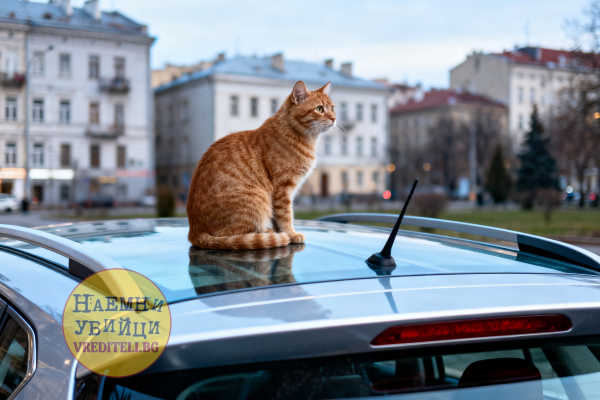Домашняя кошка (Felis silvestris catus) на крыше автомобиля