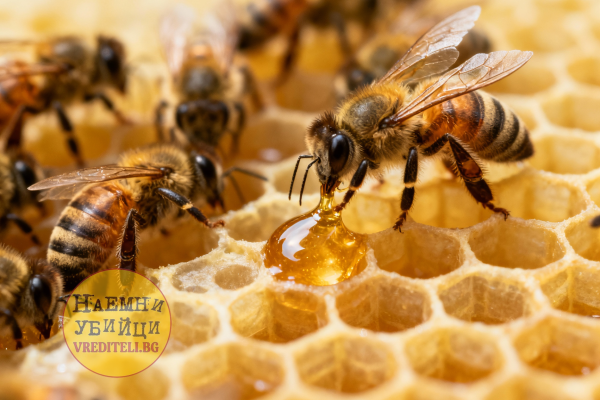Медоносная пчела (Apis mellifera) на пчелиных сотах с мёдом